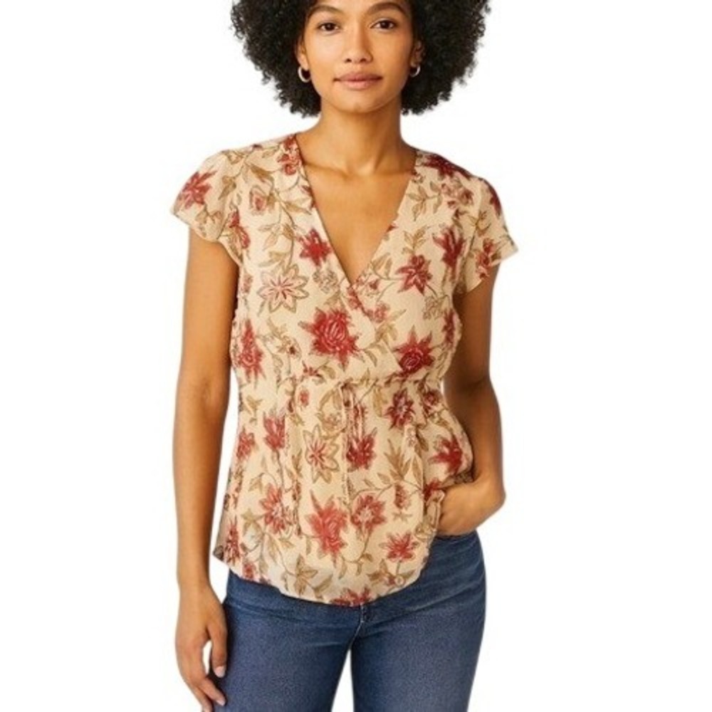 Silk Floral Flutter Sleeve Wrap Blouse Sz 14